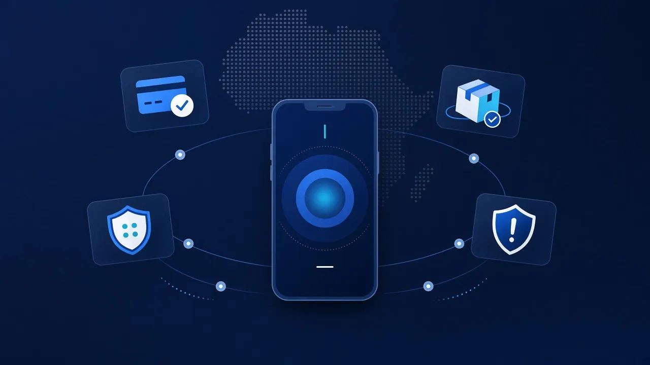 Smartphone entouré de notifications transactionnelles (paiement, code OTP, commande, alerte de sécurité) pour illustrer les erreurs du SMS transactionnel en Afrique