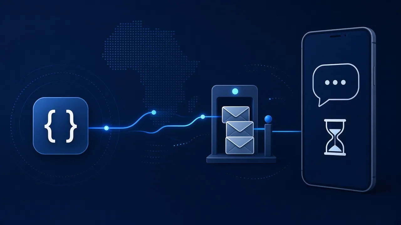 Parcours d'un SMS entre une API, plusieurs réseaux mobiles africains et le téléphone d'un utilisateur, avec une étape de file d'attente
